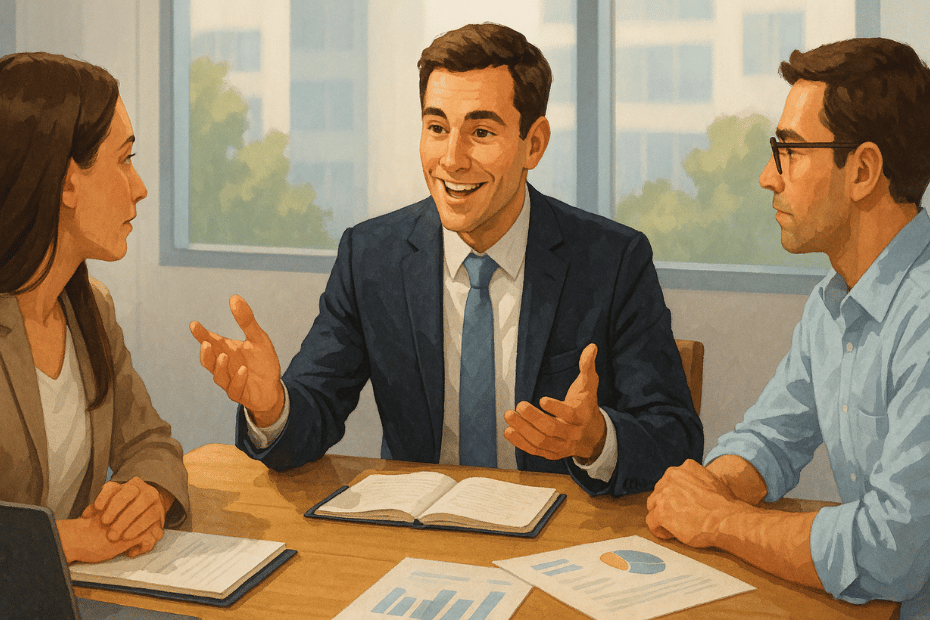 Consultant in a client meeting using active listening and communication