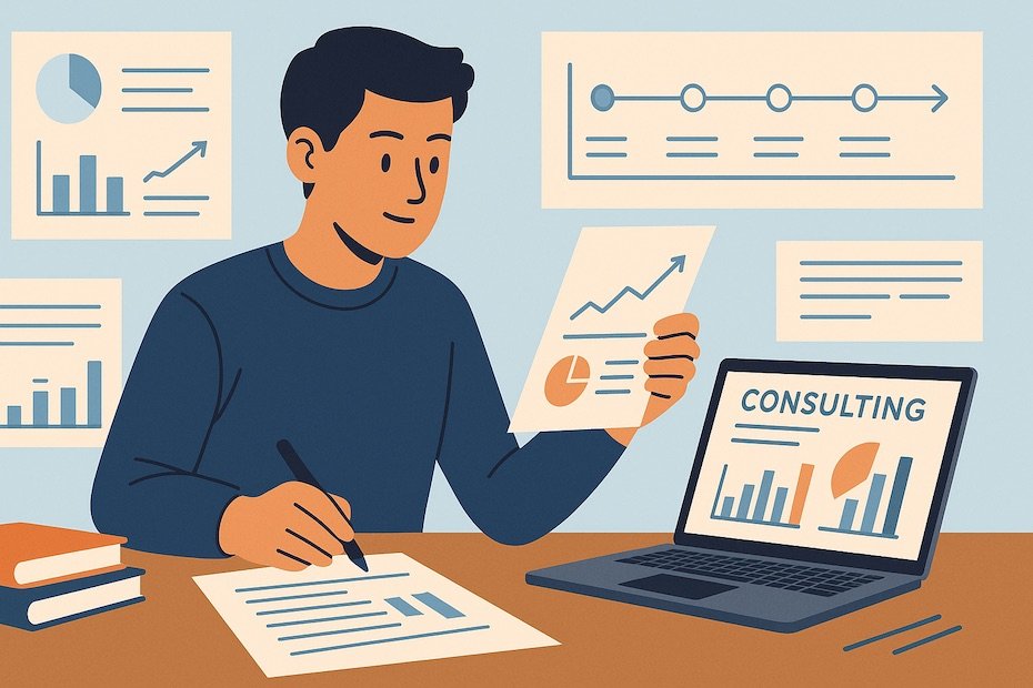 Business student analyzing a consulting project with charts and presentation slides.