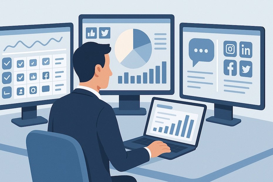 Professional illustration of a business owner managing multiple social media dashboards with charts and scheduling tools on screen.