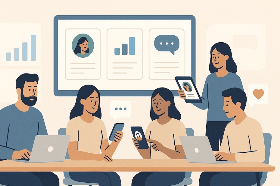 Employees engaging with recognition, surveys, and communication features through digital workplace apps.