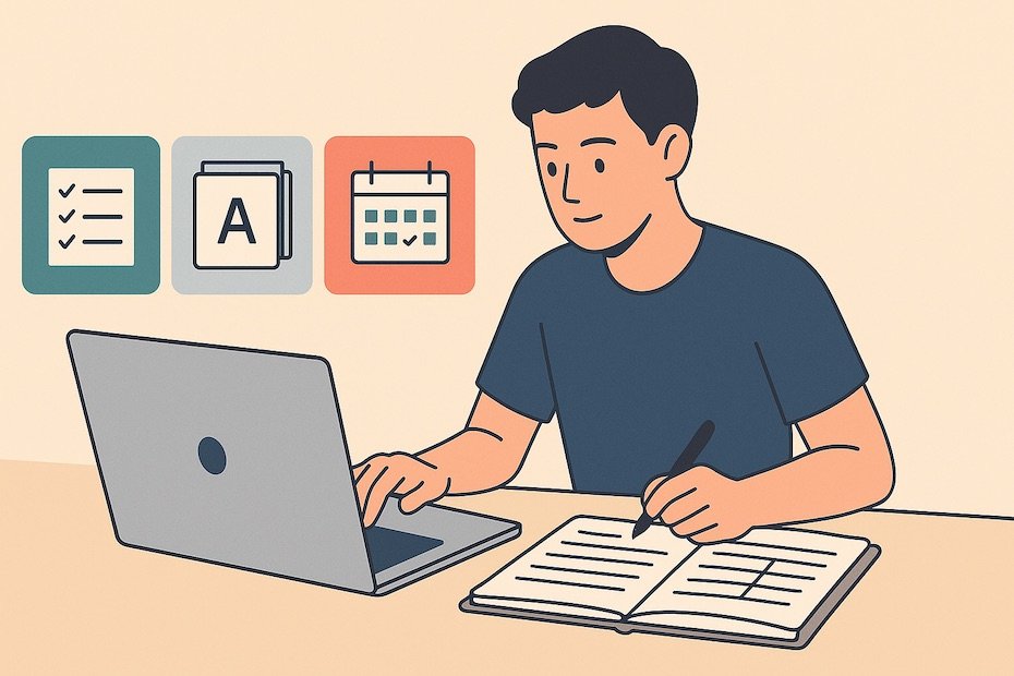Student using laptop and planner with digital study planning tools for exam preparation. Top 7 study planning tools helping students manage schedules, recall knowledge, and prepare effectively for exams.