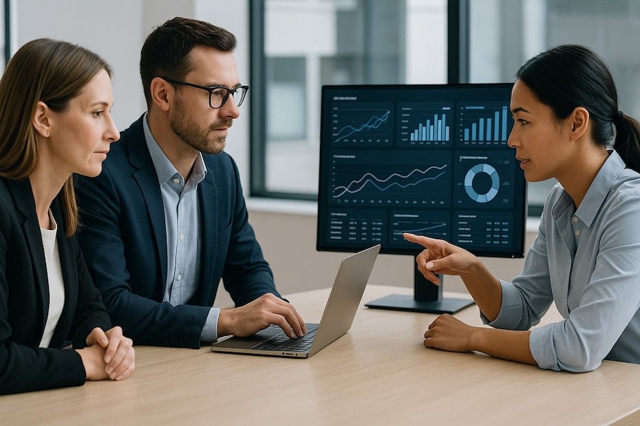 Management consultants collaborating on digital dashboards using AI analytics tools.