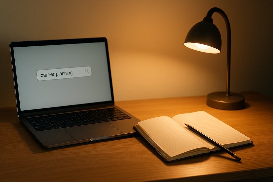 A student desk with a laptop, notebook, and soft study lighting representing focused career research.