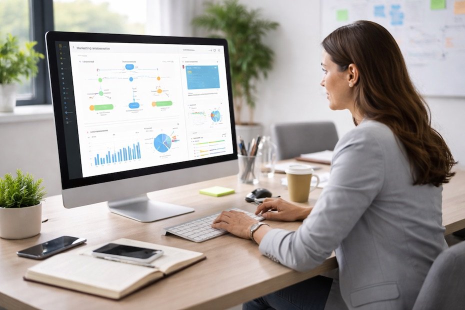 Professional workspace showing a marketer using automation software on a computer
