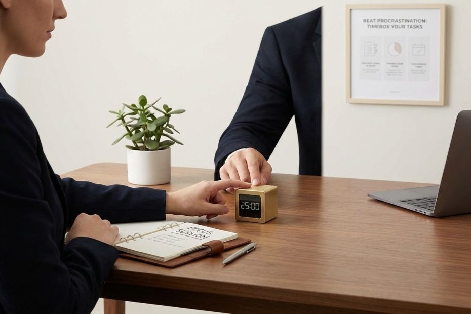 Person setting a timer and opening a laptop to start a timeboxed work session to beat procrastination.
