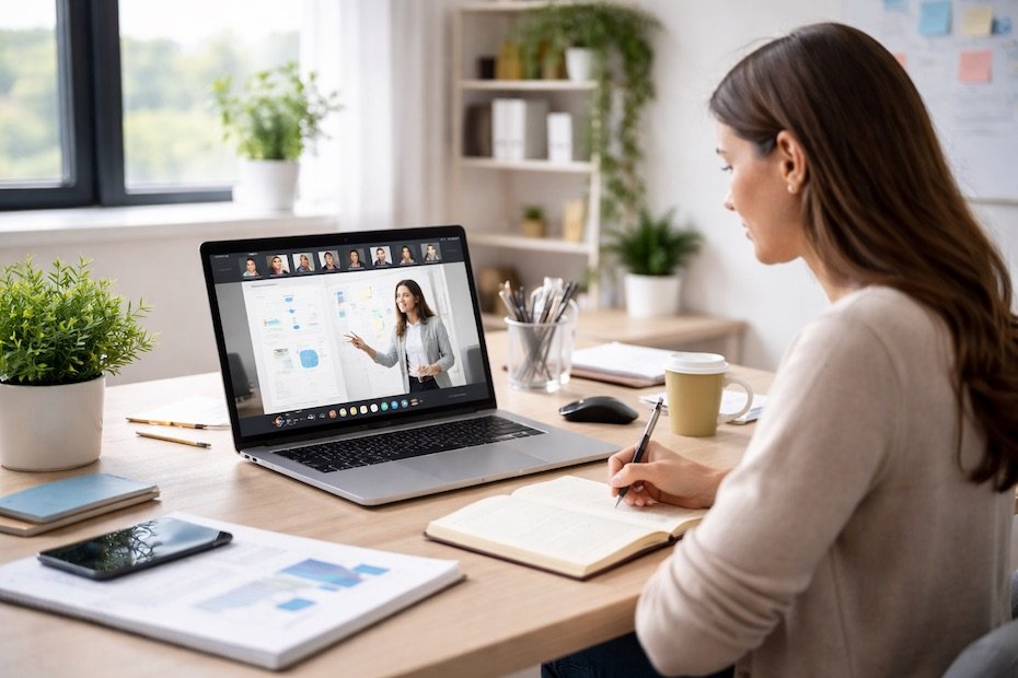 Clean professional workspace with laptop used for online learning