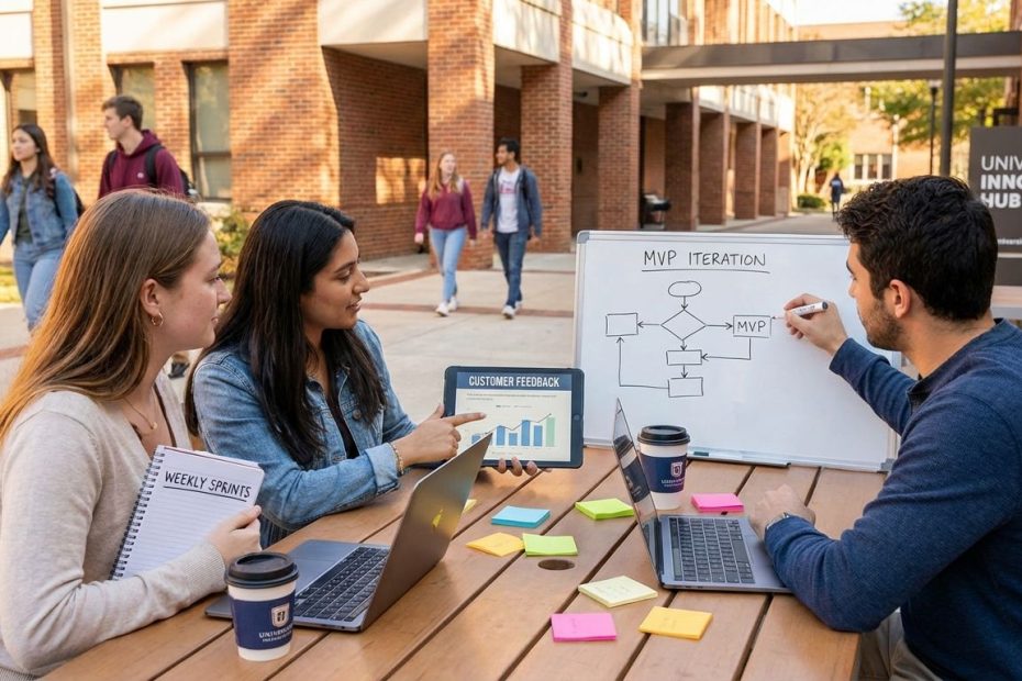 Student entrepreneurs reviewing a startup plan on a laptop in a campus library