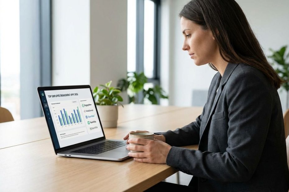 Leader reviewing employee engagement apps dashboard with pulse survey results on a laptop