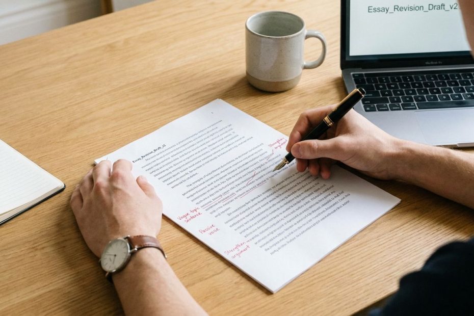 Student reviewing an essay draft and marking common writing mistakes on a laptop and notebook