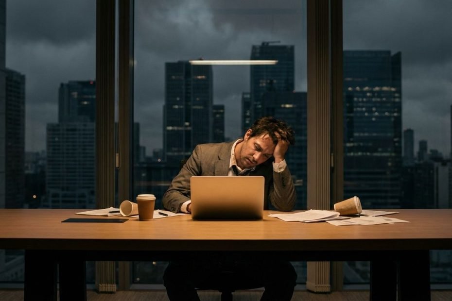 Tired management consultant working late at a laptop in an office, reviewing slides under deadline pressure