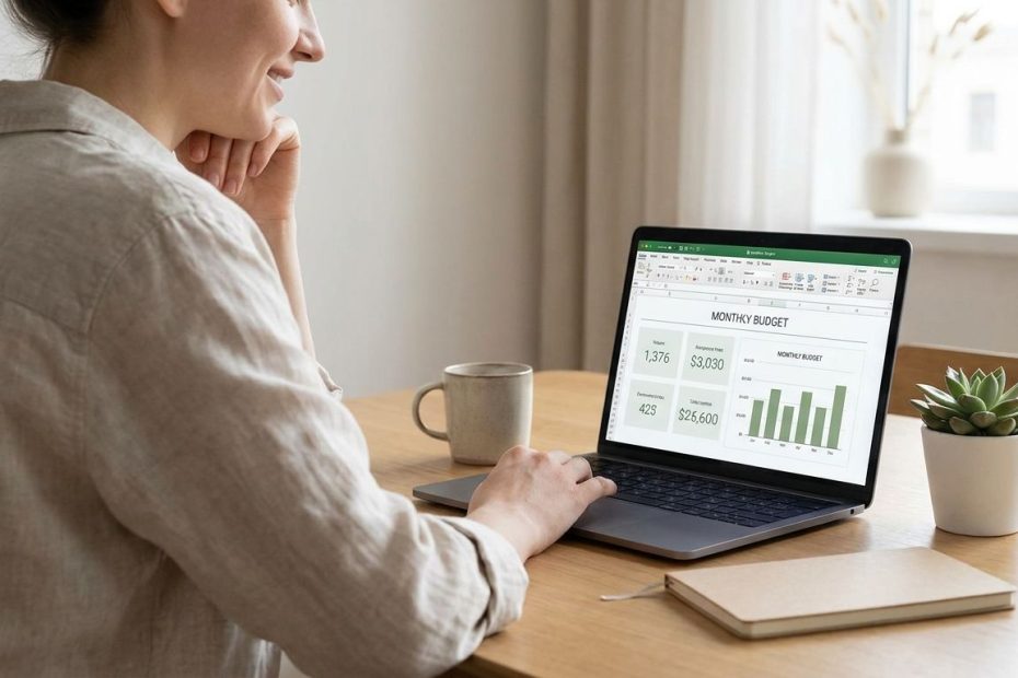 Person reviewing a simple budget on a laptop with a notebook and coffee, tracking every dollar without stress