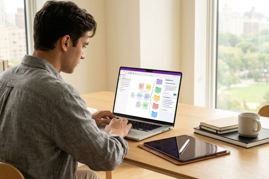 A student using a laptop to organize study notes with AI tools