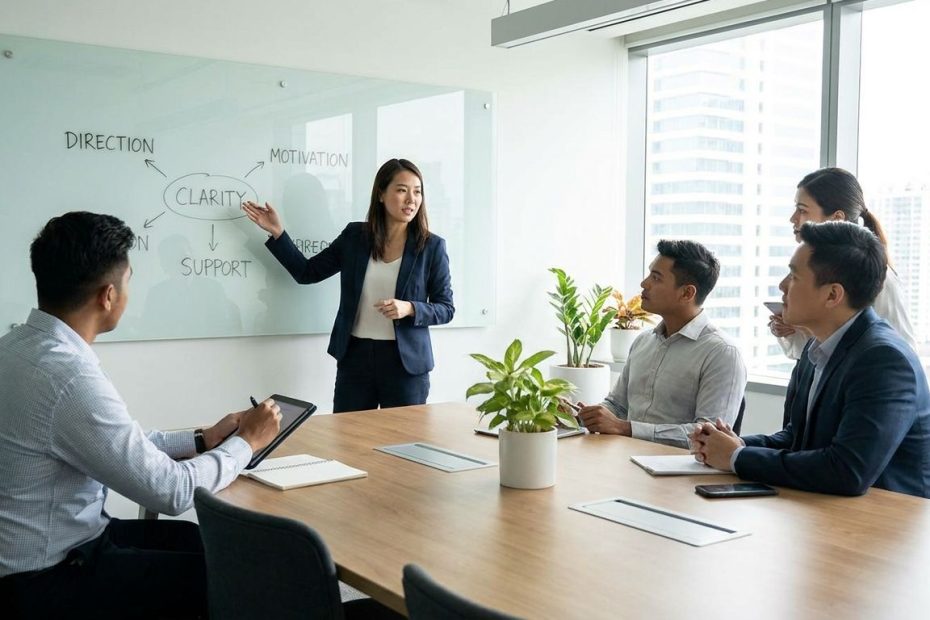 A team leader and employees discussing goals and work priorities in a meeting