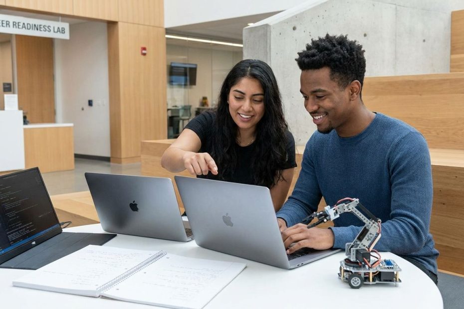 College students working together on laptops and a spreadsheet in a classroom