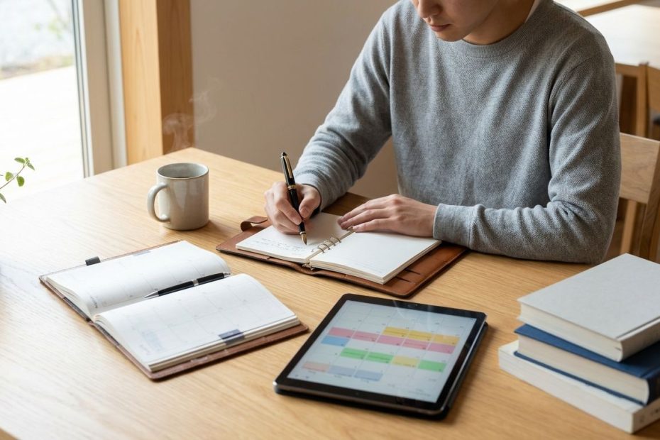 Student planning realistic semester goals in a notebook beside a laptop and class schedule